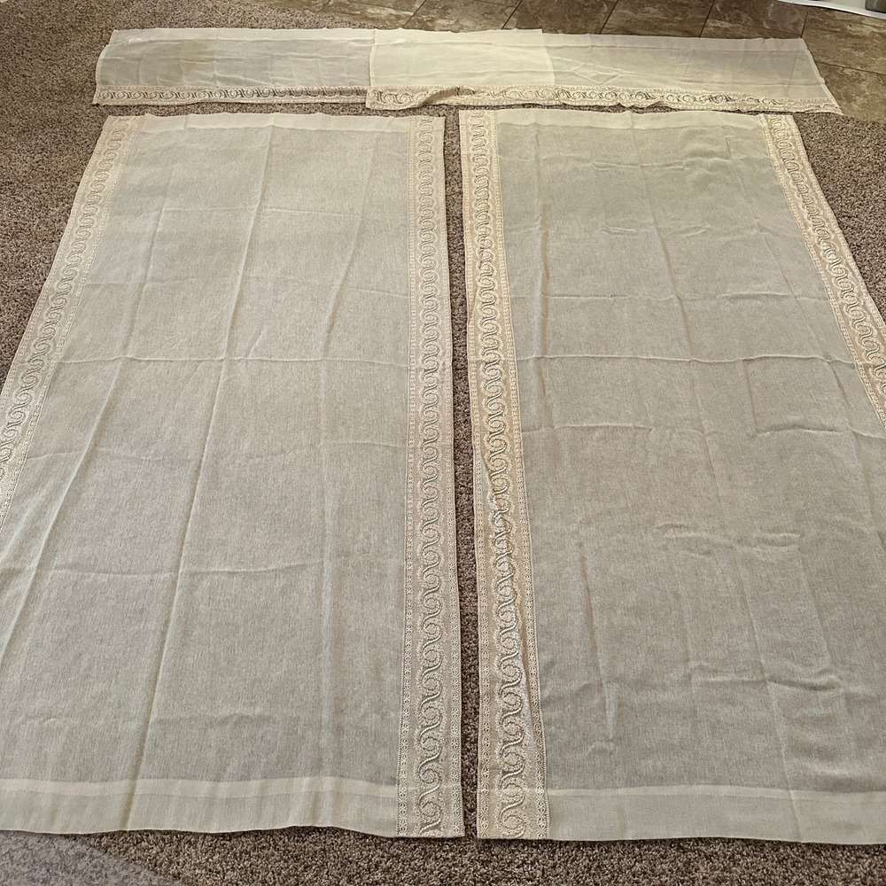 Chris Madden JCP Sheer‎ Beige Lace Embroidered Curtain Panels Valance Set 41x83